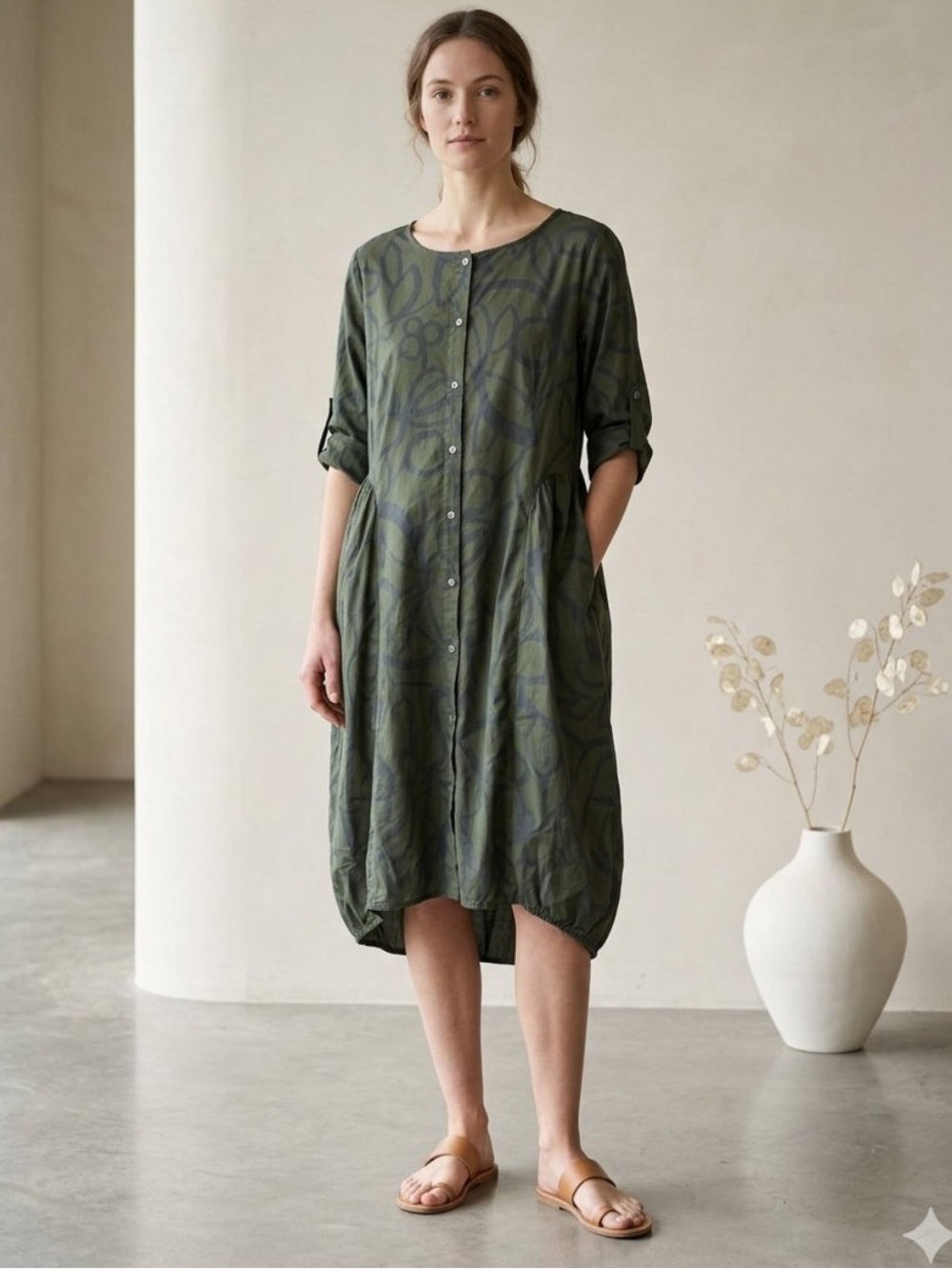 Nina Loca Dress Roma Italy Cotton Shirt Dress Button Up Bubble Hem Abstract L